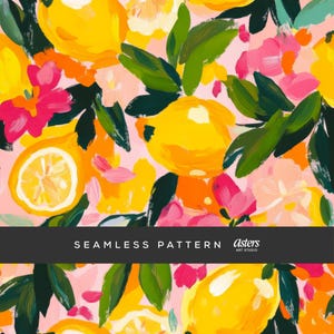 May include: A seamless pattern featuring bright yellow lemons, pink and orange flowers, and green leaves on a light pink background. The text "SEAMLESS PATTERN" is displayed in a black banner. The art studio is "Asters ART STUDIO".