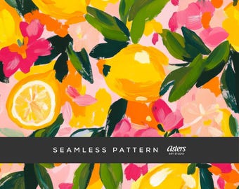 Patrón de limones sin costuras, papel digital de limones, limones pintados a mano con fondo floral, limones tropicales, diseño repetido de limones de verano