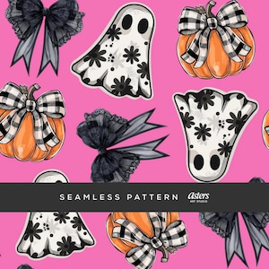 Niedliche Geister und Kürbisse Musterdesign, kokette Schleife Halloween Digital Papier, rosa gruselige Wiederholung, sofortiger Download Stoff-Druck