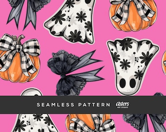 Modello senza cuciture con simpatici fantasmi e zucche, carta digitale di Halloween con fiocco Coquette, ripetizione spettrale rosa, stampa su tessuto con download immediato