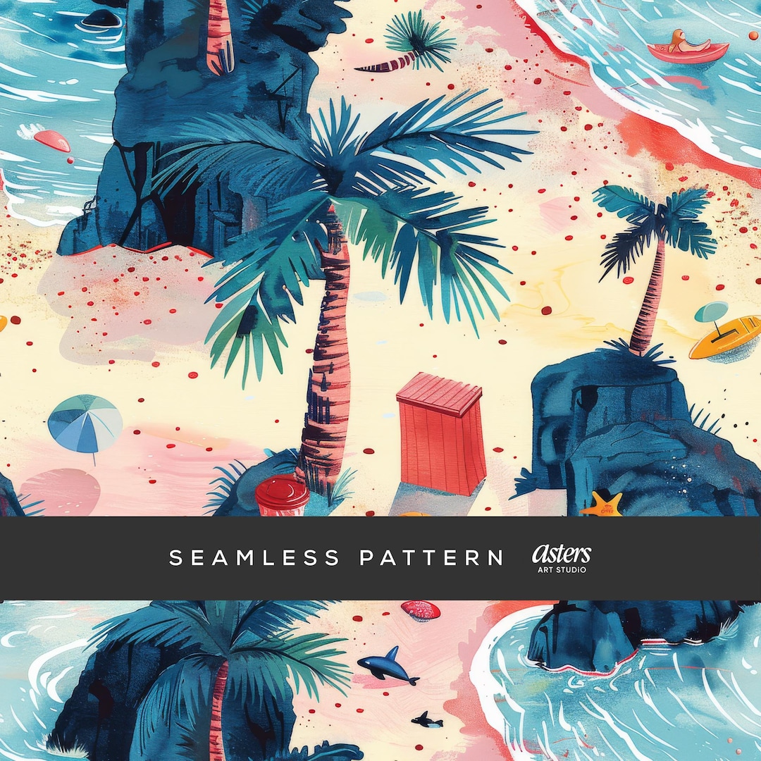 Summer Beach Scene Seamless Pattern, Summer Beach Digital Paper ...