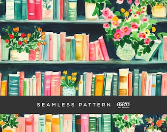 Bookshelf Seamless Pattern Books Flowers Digital Paper Book Lover Bookshelf Digital Paper Book Floral Repeating Background Seamless Patterns