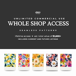 Op de afbeelding: Promotieafbeelding voor Asters Art Studio, met de tekst "ONBEPERKT COMMERCIEEL GEBRUIK" en "NAADLOZE PATRONEN". Hieronder worden vijf kleurrijke bloemenpatroonontwerpen weergegeven, die een verscheidenheid aan aquarel stijlen laten zien.