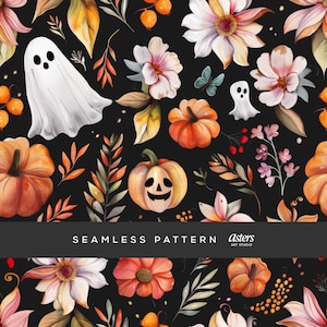 May include: Seamless pattern featuring watercolor illustrations of pumpkins, flowers, ghosts, and foliage in autumnal colors. The design includes orange, white, and yellow elements on a black background. The text "SEAMLESS PATTERN" is displayed.