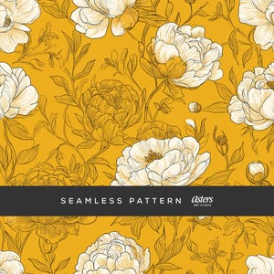 Puede incluir: Patrón sin costuras con grandes flores de peonías blancas con contornos marrones detallados sobre un fondo amarillo mostaza. El diseño incluye hojas y capullos, con el texto "SEAMLESS PATTERN" y "Asters ART STUDIO" en una pancarta negra.