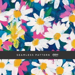 May include: A seamless pattern featuring white daisies with yellow centres on a blue background. The daisies are painted in a loose, brushstroke style, and the background is a deep blue with hints of pink and green. The text "SEAMLESS PATTERN" and "asters ART STUDIO" is at the bottom of the image.