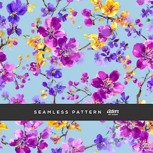 Kirschblüte, nahtloses Muster, zierliches violettes digitales Blumenpapier, malerische Frühlingsblumen, blaues Hintergrund-Oberflächendesign