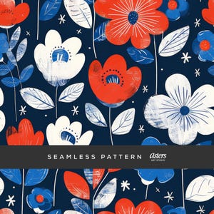 Watercolor Patriotic Floral Seamless Pattern, 4th of July Red White Blue Flowers Digital Paper, Festive Starry Independence Day USA Pattern