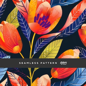 Könnte beinhalten: Ein nahtloses Muster mit stilisierten roten, orangefarbenen und gelben Blumen mit blauen und grünen Blättern auf dunkelblauem Hintergrund. Der Text "Seamless Pattern" und "asters art studio" befindet sich am unteren Rand des Bildes.