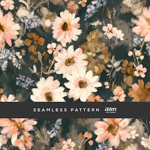May include: A seamless floral pattern with a painterly style. It features large, white and peach-toned flowers with brown centers, alongside smaller blooms and foliage, set against a dark teal backdrop. The text "SEAMLESS PATTERN" is visible.