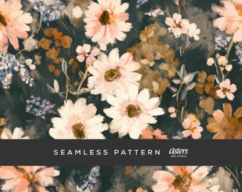 Puede incluir: Patrón floral sin costuras de estilo pictórico. Presenta grandes flores blancas y melocotón con centros marrones, intercaladas con flores más pequeñas y follaje sobre un fondo verde azulado oscuro. Se muestra el texto "SEAMLESS PATTERN".