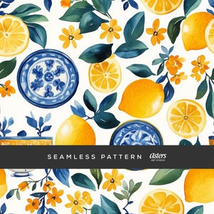 Watercolor Lemon Seamless Pattern, Mediterranean Tile Digital Paper, Summer Clipart, Amalfi Lemon PNG, Wedding Decor, Ceramic Print