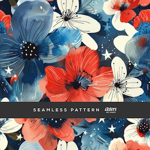 4th of July Floral Seamless Pattern, Red White Blue Watercolor Flowers Digital Paper, Patriotic Starry Background Fabric Design, USA Floral