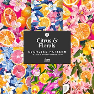 Adretter Zitrus Floral nahtlose Muster Bundle, Hot Pink Sommer Orangen und Blumen digitales Papier, tropische Früchte nahtlose Hintergrund
