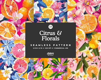 Preppy Citrus Floral Seamless Pattern Bundle, Hot Pink Summer Oranges and Flowers Digital Paper, Tropical Fruit Seamless Background