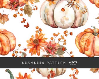 May include: Seamless pattern featuring watercolor pumpkins, sunflowers, and fall foliage in shades of orange, white, and brown. The design includes butterflies and berries, creating a festive autumn theme. The text "SEAMLESS PATTERN" is displayed.
