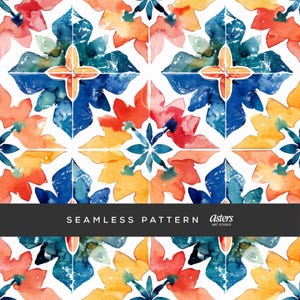Mexican Tiles Seamless Pattern, Watercolor Talavera Tile Digital Paper, Boho Fiesta Background, Ceramic Spanish Tile Repeat Surface Design