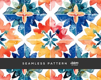 Mexican Tiles Seamless Pattern, Watercolor Talavera Tile Digital Paper, Boho Fiesta Background, Ceramic Spanish Tile Repeat Surface Design