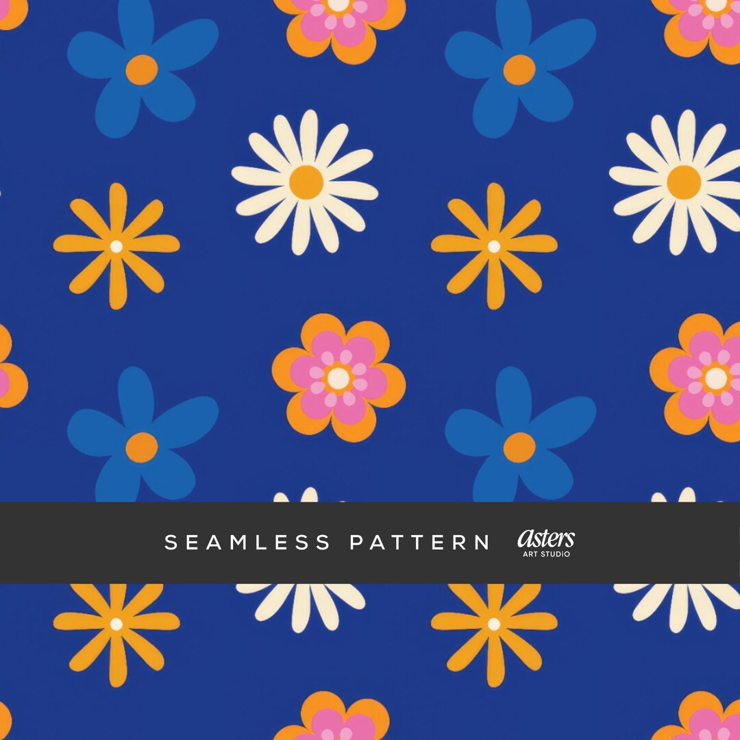 Retro Flower Seamless Pattern, 70s Digital Paper With Daisies on Blue ...
