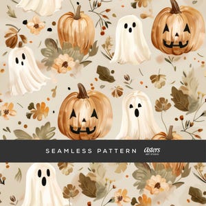 May include: A seamless pattern featuring pumpkins, ghosts, and floral elements in shades of orange, brown, and cream. The pumpkins have carved faces. The text "SEAMLESS PATTERN" is displayed in a black banner.