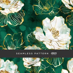Peut inclure: Motif sans couture représentant des fleurs blanches avec des contours dorés sur un fond vert foncé. Le motif est intitulé "Asters Art Studio".