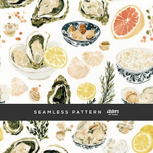 May include: Watercolor seamless pattern featuring oysters, lemons, grapefruit, and small bowls of food. The design includes a variety of seafood and citrus elements, with a white background. The text "SEAMLESS PATTERN" is displayed in a black banner.