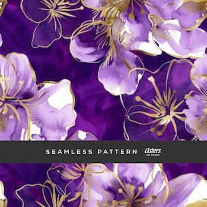 Könnte beinhalten: Nahtloses Muster mit lila und weißen Aquarellblumen mit goldenen Akzenten. Das Muster trägt den Titel "Seamless Pattern" und "asters art studio".