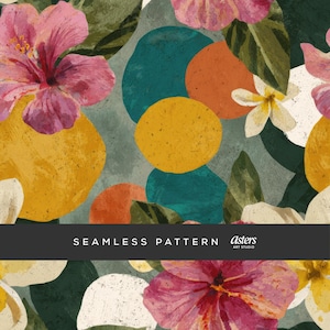 Tropical Seamless Pattern Hibiscus Plumeria Digital Paper Summer Beach Print Bold Floral Surface Design Repeat Background
