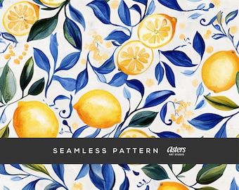 Amalfi Lemons Seamless Pattern, Italian Citrus Digital Paper, Blue and Yellow Watercolor Fruit Design, Summer Surface Design Print