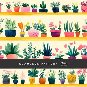 Potted Plants Seamless Pattern, Potted Plants Digital Paper, Watercolor Houseplants on Shelf, Plants Floral Botanical Repeat Background