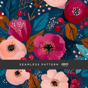 May include: Seamless pattern featuring a floral design with pink, red, and peach flowers, teal leaves, and brown accents on a dark blue background. The text "SEAMLESS PATTERN" is displayed in white on a black banner.