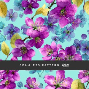 Kirschblüte und Violett Nahtloses Muster, Aquarell Florales Digitales Papier, Frühlingsblüten-Wiederholung, Aqua Hintergrund-Oberflächendesign