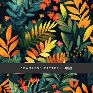 May include: A seamless pattern featuring a vibrant jungle scene with lush green leaves, bright orange and yellow foliage, and red flowers. The pattern is perfect for adding a touch of tropical flair to any project.