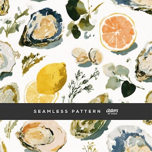 Oyster Seamless Pattern, Watercolor Seafood Digital Paper, Lemon Clam Coastal Print, Nautical Kitchen Decor, Ocean Summer Clipart