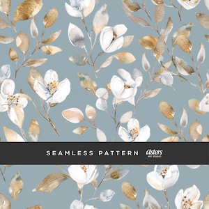 May include: A seamless pattern featuring watercolor illustrations of white flowers and brown leaves on a light blue background. The text "Seamless Pattern" and "asters art studio" is displayed at the bottom of the image.