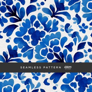 May include: Seamless pattern design featuring watercolor blue floral elements on a white background. The design includes various shapes and sizes of blue flowers and leaves. The text "SEAMLESS PATTERN" is displayed in a black banner.