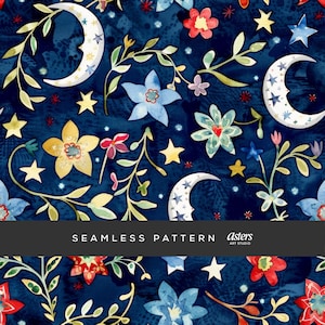 May include: A seamless pattern featuring a dark blue background with white crescent moons, yellow stars, and colorful flowers. The flowers are in shades of red, yellow, blue, and green. The pattern is perfect for fabric, wallpaper, or other decorative projects.