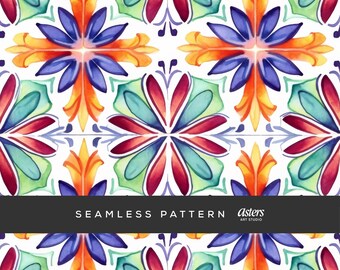Fiesta Tile Seamless Pattern, Mexican Talavera Digital Paper, Colorful Watercolor Spanish Tile Surface Design, Repeat Background
