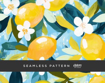 Lemon Seamless Pattern, Mediterranean Lemons Digital Paper, Seamless Sicilian Lemons Pattern, Tropical Citrus Lemon Seamless Pattern for POD