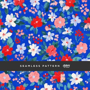 May include: Seamless pattern featuring a vibrant floral design. The pattern showcases red, white, and pink flowers with green leaves against a deep blue background. The text "SEAMLESS PATTERN" is displayed in a black banner.