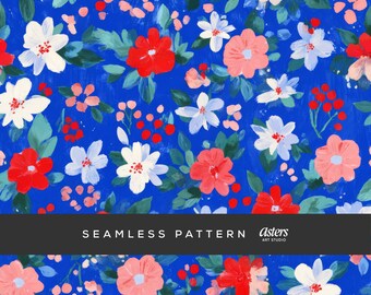 Patriotic Ditsy Floral Seamless Pattern, 4th of July Red White Blue Digital Paper, Summer USA Repeat Background, Independence Day Design