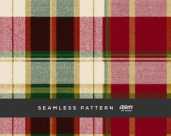 May include: Seamless plaid pattern in red, green, gold, and cream. The design features a classic plaid with intersecting vertical and horizontal lines. The text "SEAMLESS PATTERN" is displayed in white on a black banner.