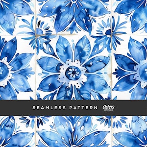 Blue Mediterranean Tile Seamless Pattern, Watercolor Floral Digital Paper, Summer Ceramic Azulejo Surface Design, Repeat Background