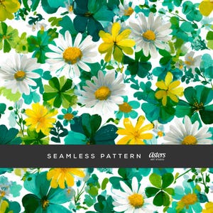 May include: A seamless floral pattern with white daisies, yellow flowers, and teal and green foliage on a white backdrop. The design includes the text "SEAMLESS PATTERN" and "Astes Art Studio".