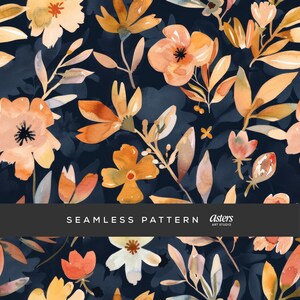 May include: A seamless pattern featuring watercolor flowers in shades of orange, peach, and white against a dark navy blue background. The design includes various floral elements and foliage. The text "SEAMLESS PATTERN" is displayed in white on a dark gray banner.
