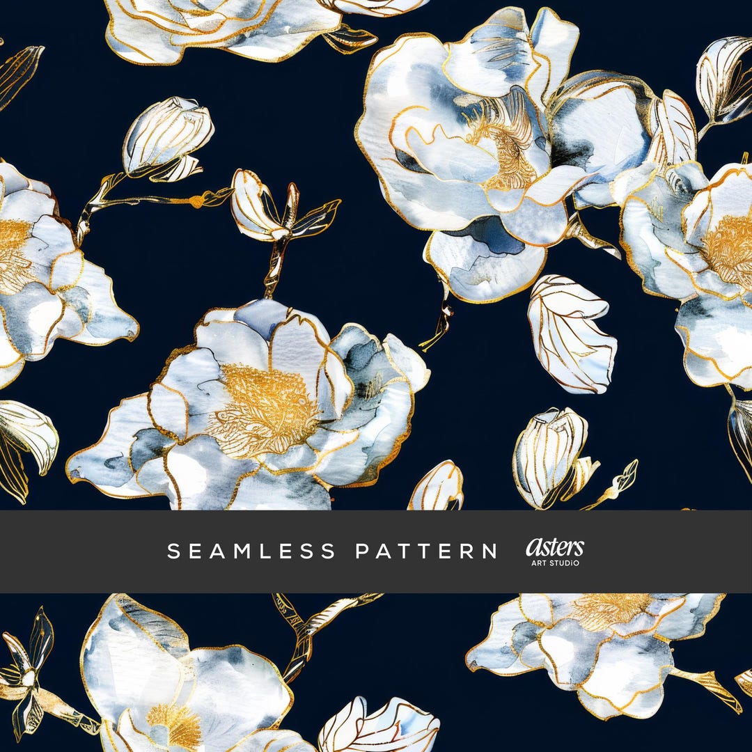 Navy Blue Floral Seamless Pattern, Blue Gold Floral Gilded Watercolor ...