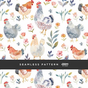 Patrón de pollo sin costuras, gallina de acuarela y papel digital floral, diseño de animales de estilo cottagecore, fondo rústico campestre primaveral.