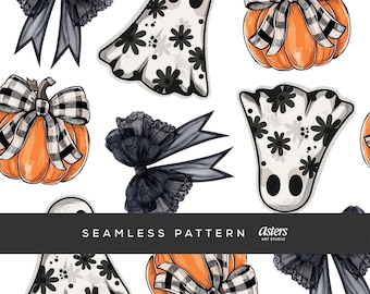 Cute Ghosts and Pumpkins Seamless Pattern, White Background Halloween Digital Paper, Coquette Bow Clipart, Spooky Fall Fabric Print