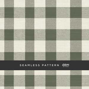 May include: A seamless pattern featuring a large-scale gingham design in shades of green and off-white. The fabric has a textured appearance. The words "SEAMLESS PATTERN" are displayed on a black banner, with "Asters ART STUDIO" in the corner.