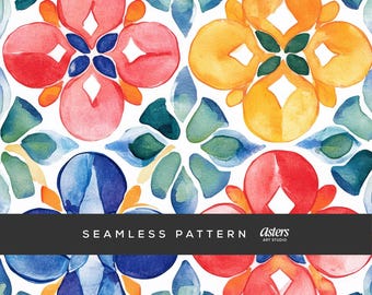 Watercolor Talavera Tile Seamless Pattern | Mexican Tile Digital Paper | Tumbler Wrap Sublimation | Spanish Tile PNG | Commercial Use